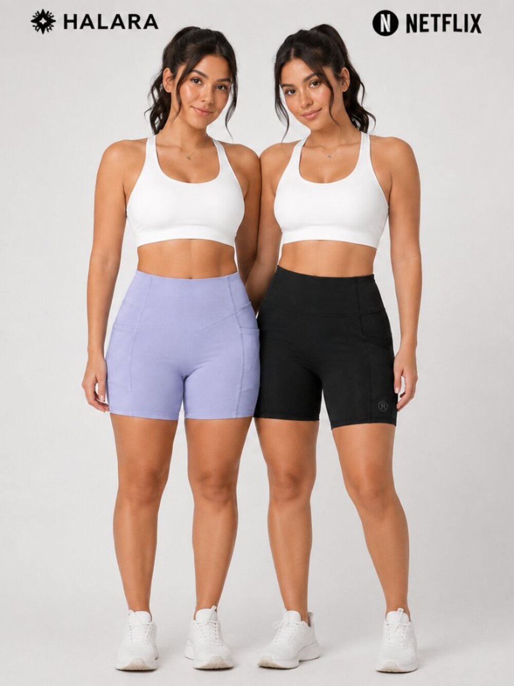 Halara /Netflix UltraSculpt Biker Shorts Set Purple/Black High Waist Pockets S